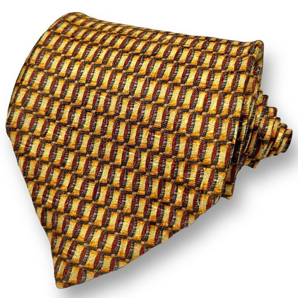 ERMENEGILDO ZEGNA Men’s Vintage Gold Designer Micro Geometric 100% Silk Tie